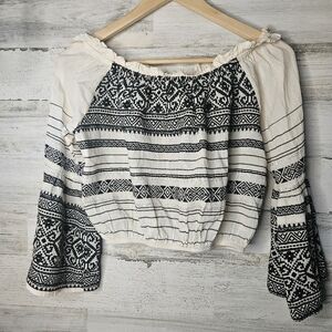 NEW 100% Cotton Boho Cropped Shirt Bell Sleeve Hippie Aztec Print Womens Small